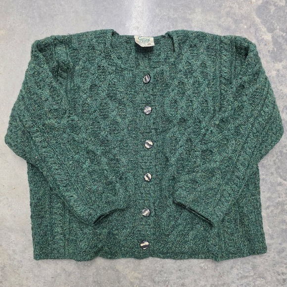 VTG Carraig Donn Aran Wool Cardigan Ireland Cable Knit Green Fisherman Sweater - Picture 1 of 7